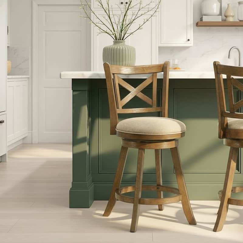 Kodi Modern Farmhouse Swivel Wood Counter Height Kitchen Bar Stool in Sepia Brown Finish with Fabric Upholstered Seat - Set of 3 - Light Scone - Counter Height