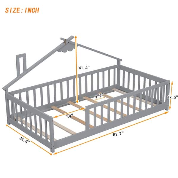 Grey Twin Size Pine Wood House-Shaped Bedside Floor Bed with Guardrails, Slats, without Door