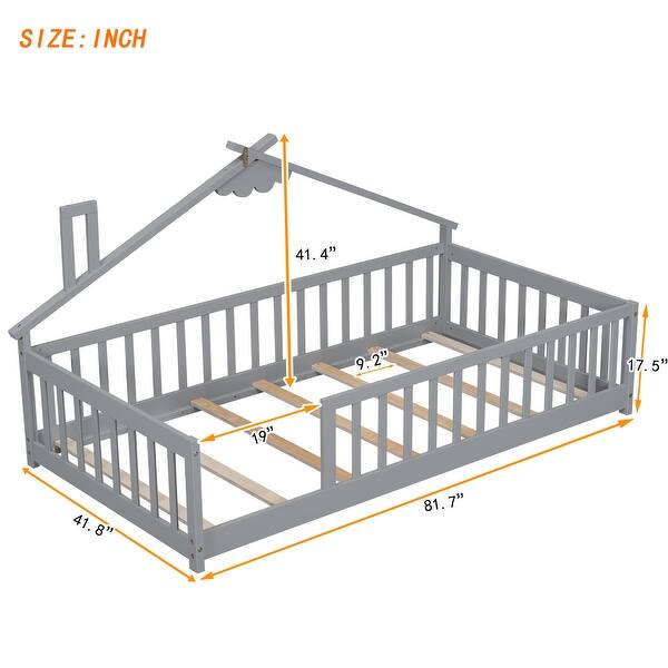dimension image slide 2 of 6, Twin Pine Wood House-Shaped Bedside Floor Bed with Guardrails, Slats