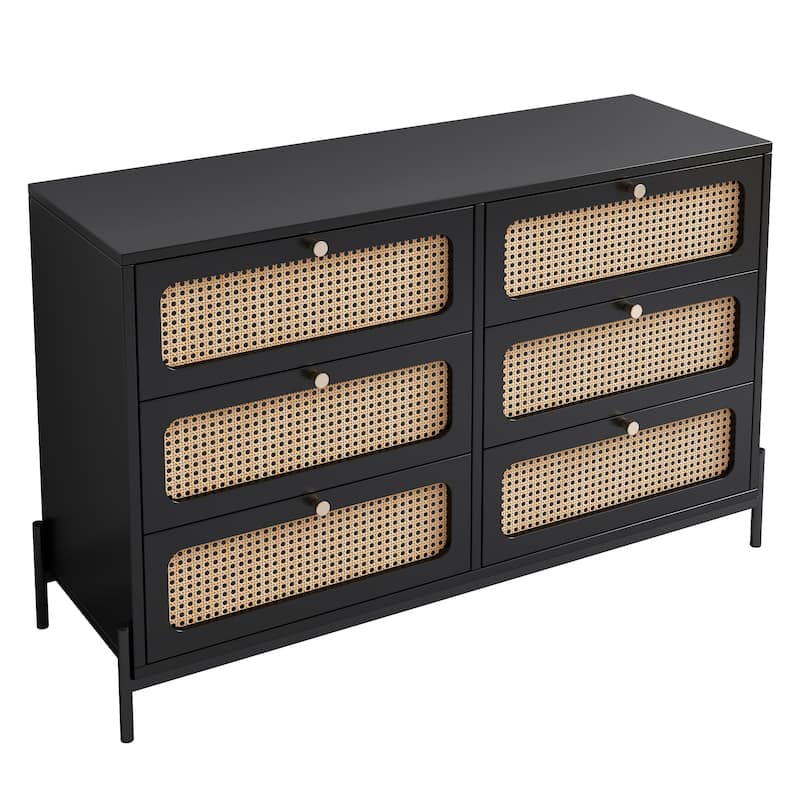 Modern Rattan Dresser with Metal Legs and 6 Storage Drawers, Ideal for Bedroom, Living Room, or Entryway