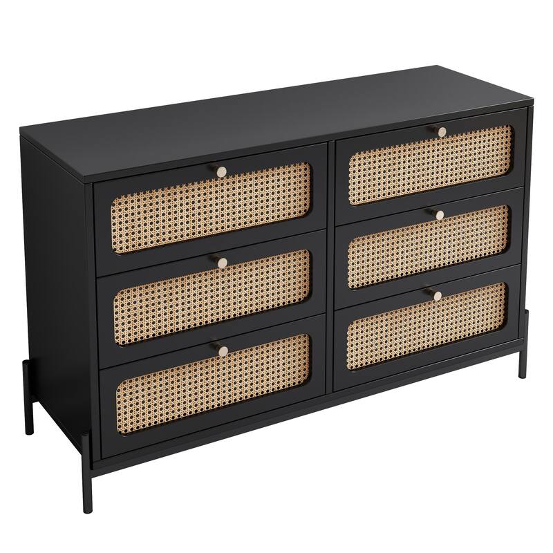 Modern Wood Storage Cabinet with 6 Rattan Drawers for Bedroom, Living Room, Entryway