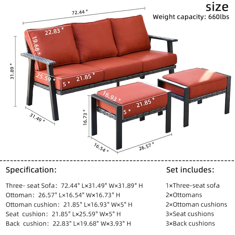 OVIOS Outdoor 3-piece Wicker Sectional Sofa Set With Ottoman Steel Frame