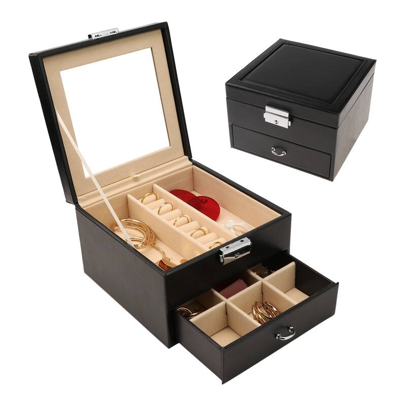 2 Layer Jewelry Box with Mirror for Women Girls Gifts, PU Leather Jewelry Organizer Case Storage Display Holder with Drawer