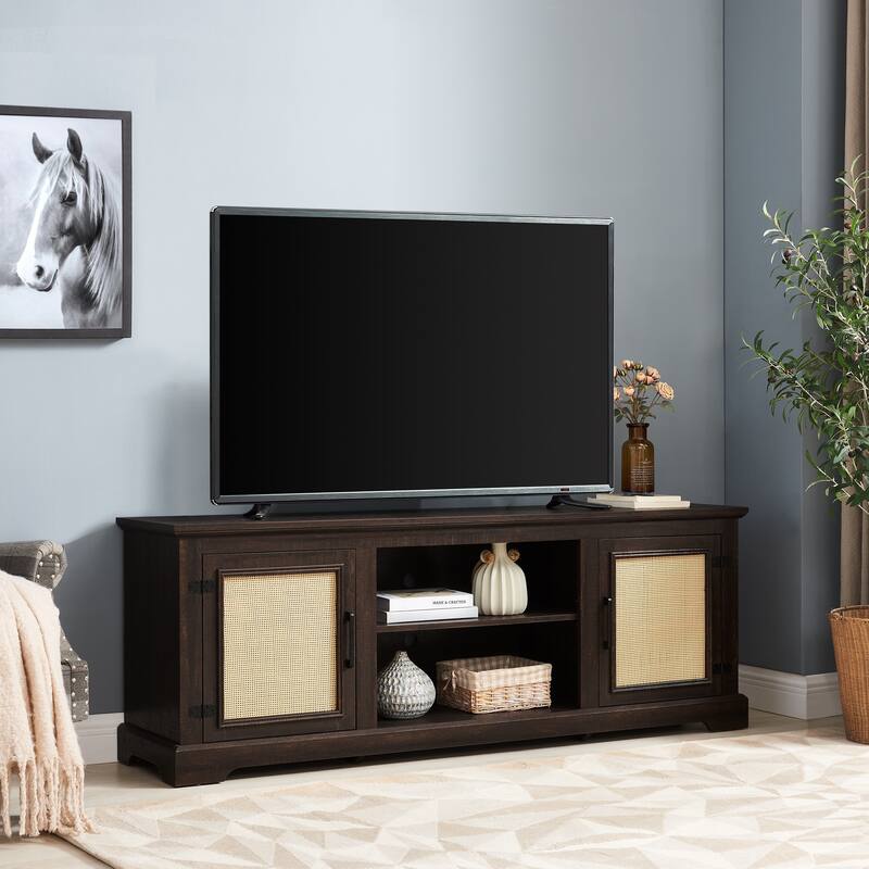 TV Stand for TVs up to 70" with Natural Rattan Doors, 2 Storage Cabinets, 3 Adjustable Shelves, Multifunctional Console Table