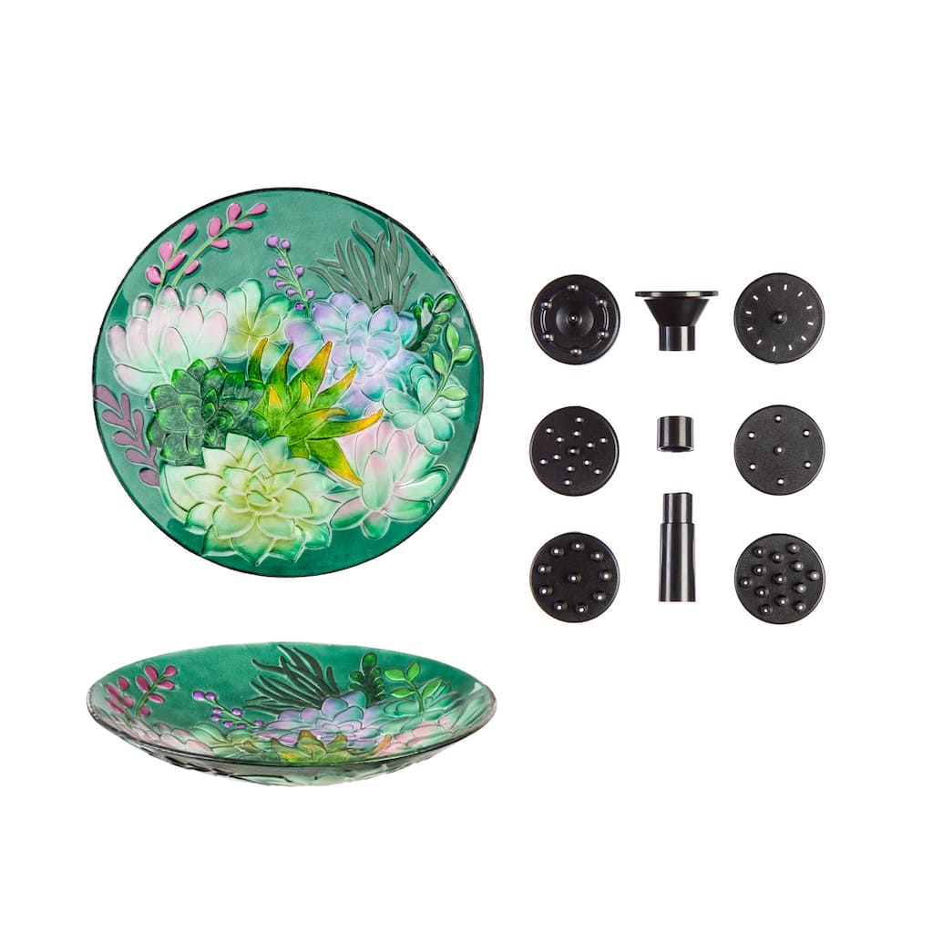 18" Glass Bird Bath Succulent w Solar Fountain