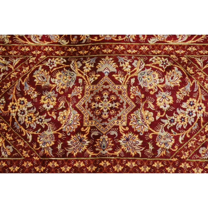 Hand Knotted Oriental Silk Carpet Traditional Floral Red Qum Area Rug - 4' 10'' X 3' 3''