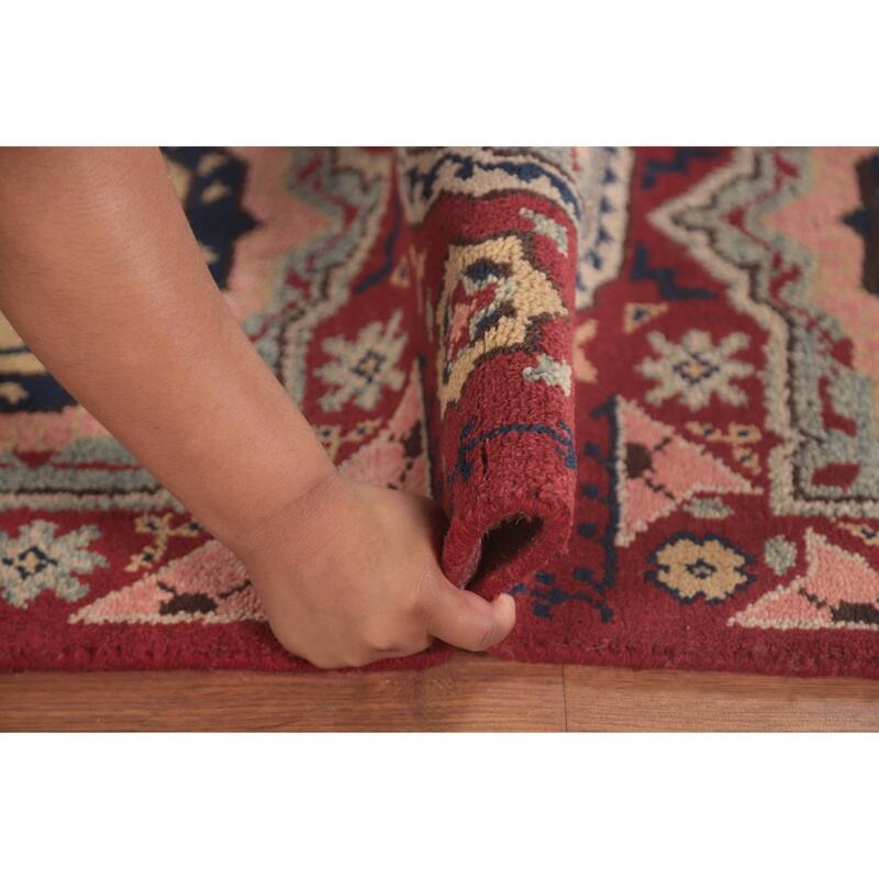 Geometric Red Kazak Oriental Runner Rug Handmade Wool Carpet - 2'5"x 8'1"