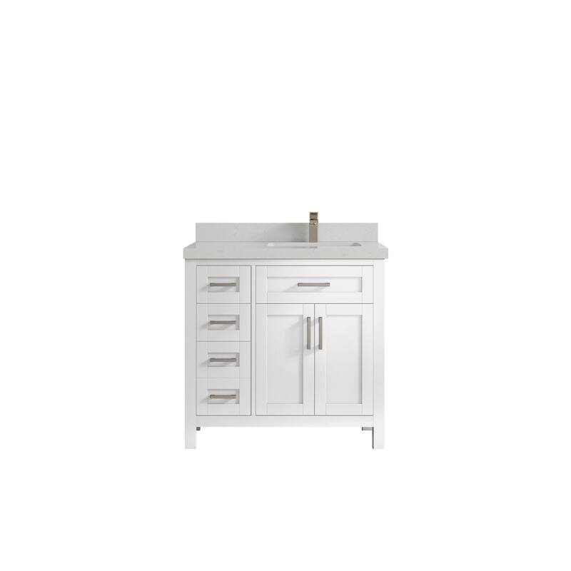 Willow Collections 36 in. W x 22 in. D Cambridge Right Offset Sink Bathroom Vanity with Countertop - 2" Carrara Quartz - White
