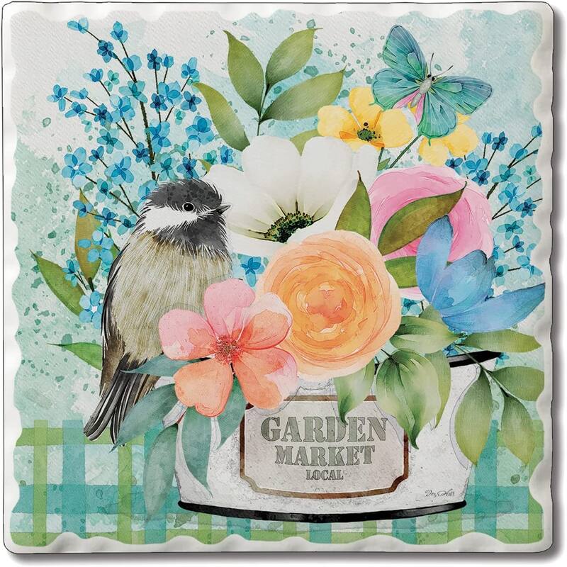 CounterArt Garden Market Absorbent Stone Tumbled Tile Coaster Set of 4 Made in The USA Protective Cork Backing - Multi