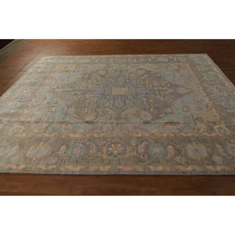 Hand Knotted Oriental 100% Wool Carpet Transitional Medallion Navy Blue & Blues Oushak Area Rug - 9' 9'' X 8' 3''