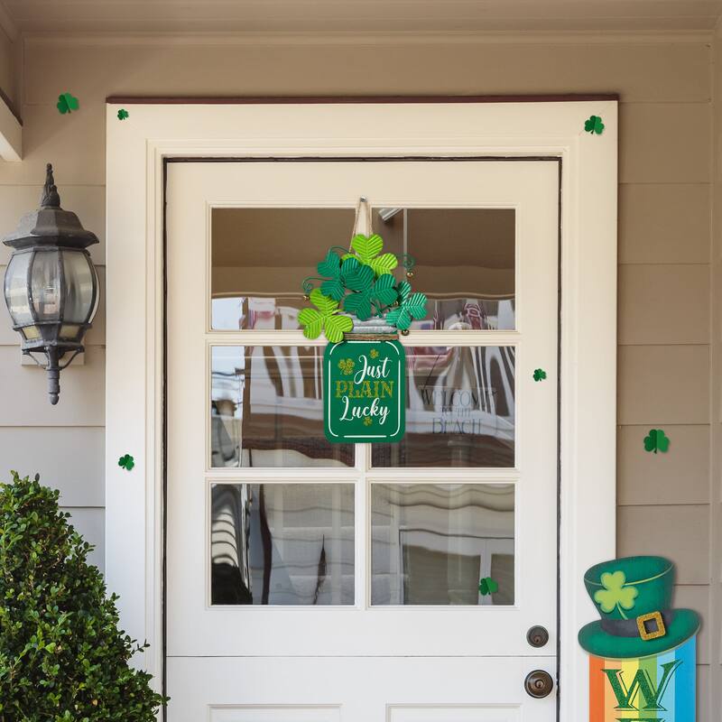 Glitzhome St. Patrick's Wooden Shamrock Doorknob Hanging Decor - 16"H Mason Jar shape