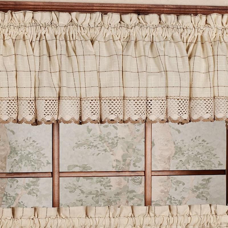 Cotton Classic Toast Window Pane Pattern and Crotchet Trim Tiers, Swags and Valance Options - valance 12 x 60