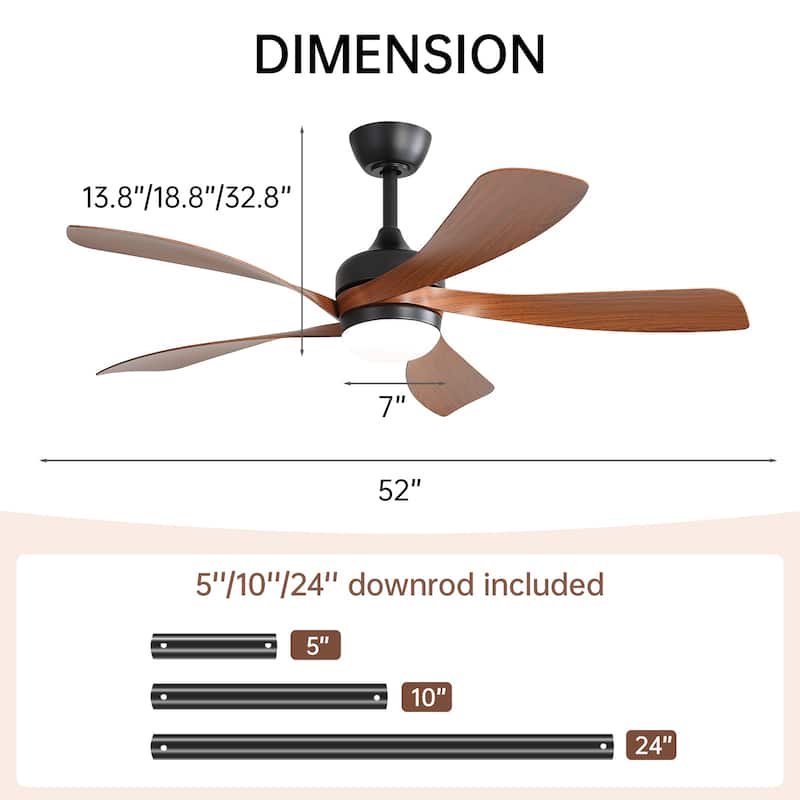 45 Inch / 52 Inch White Ceiling Fan with Dimmable LED Light and Remote, 6-Speed Reversible DC Motor, ABS Blades