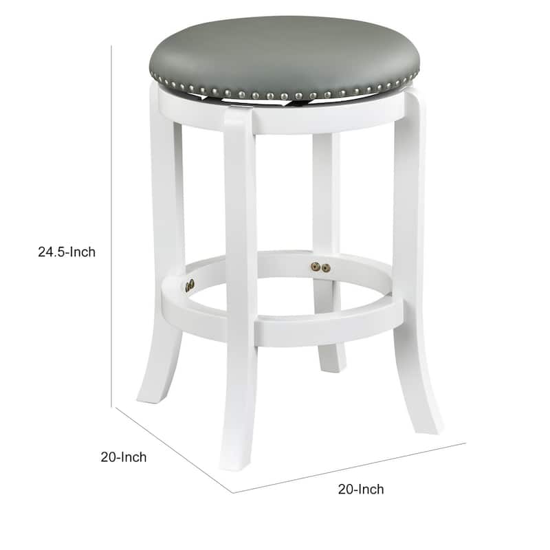 Ovi 25 Inch Backless Swivel Counter Stool, Gray Faux Leather, Nailhead Trim