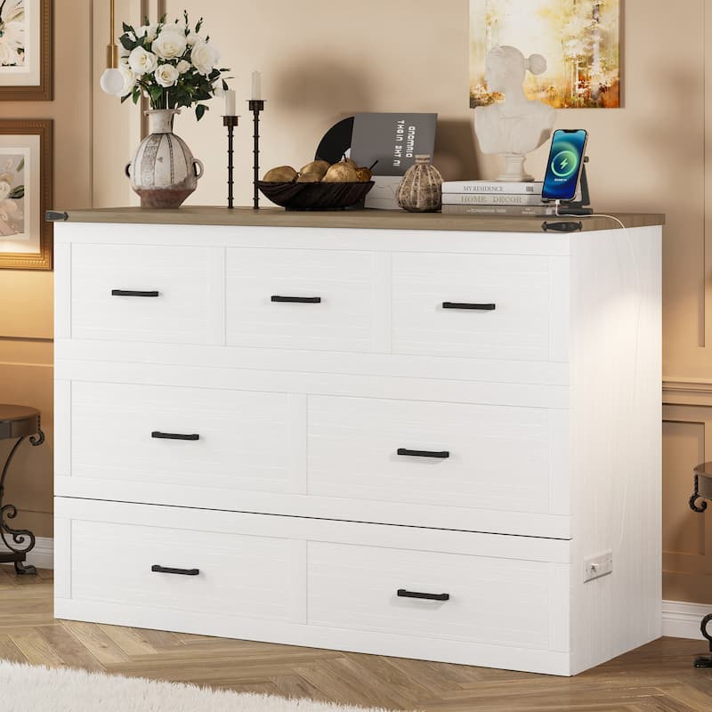 Murphy Bed Cabinet Queen Size with Charging Station, Multi-Functional Foldable Platform Bed with 1 Large Storage Drawer