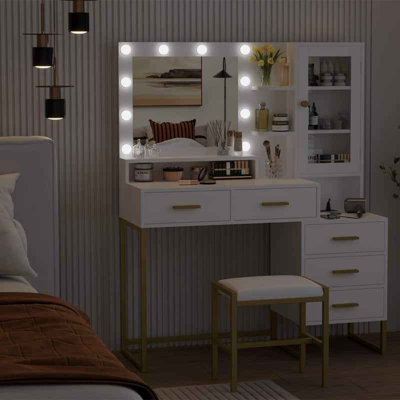 Vanity Desk with Mirror & LED Lights, Charging Station, 5 Drawers, Shelves & Stool