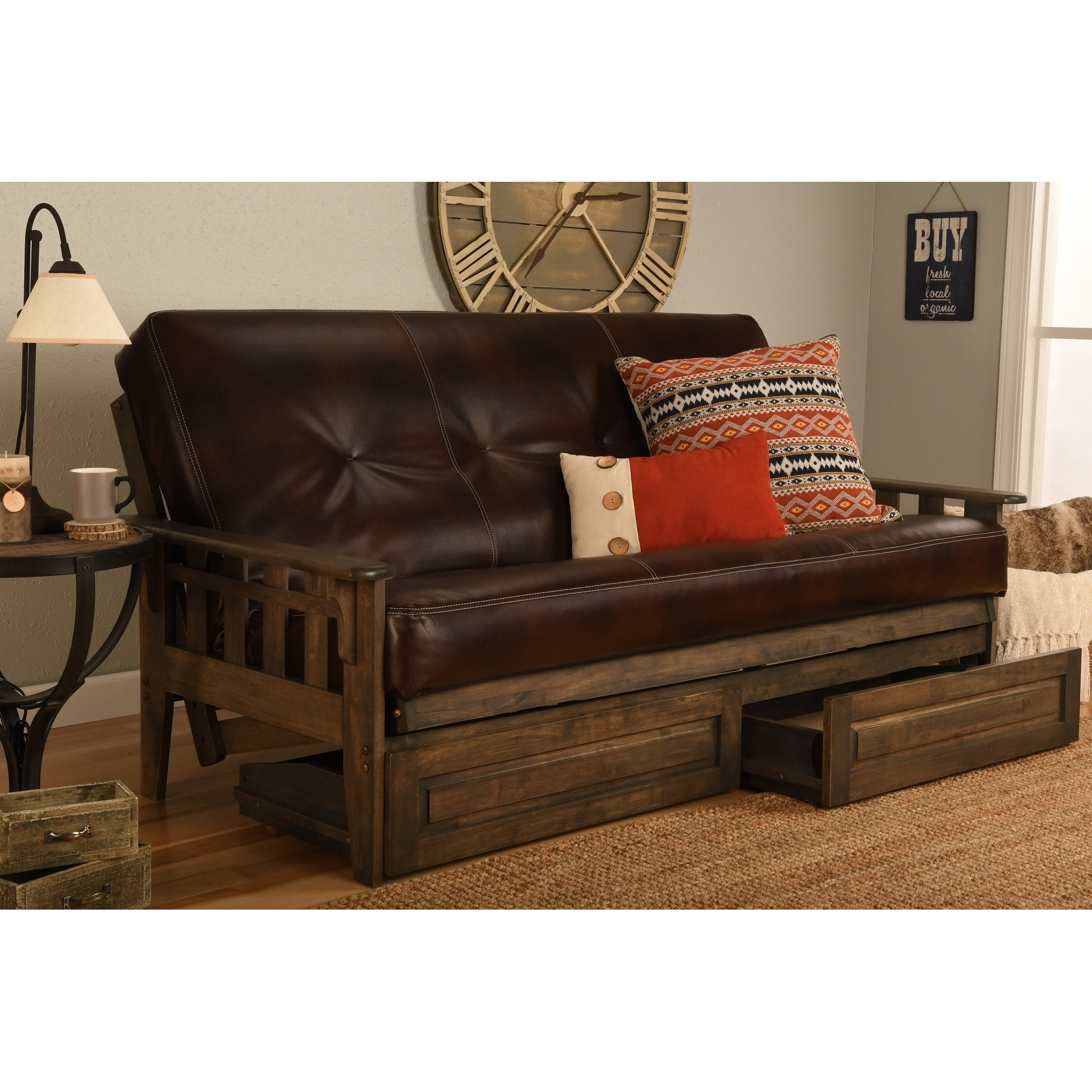 Somette Tucson Full Size Futon Set in Rustic Walnut Finish with Storage Drawers and Leather Mattress