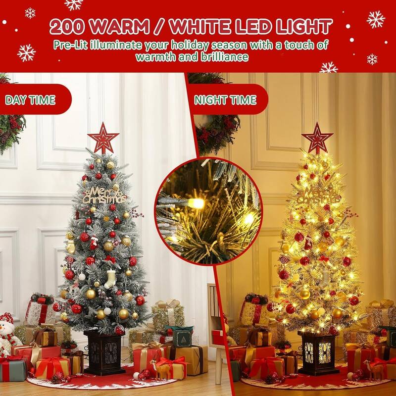 4.5 Ft Artificial Christmas Tree with 200 Warm White LED Lights and Red Berries Potted Base Holiday Xmas Tree