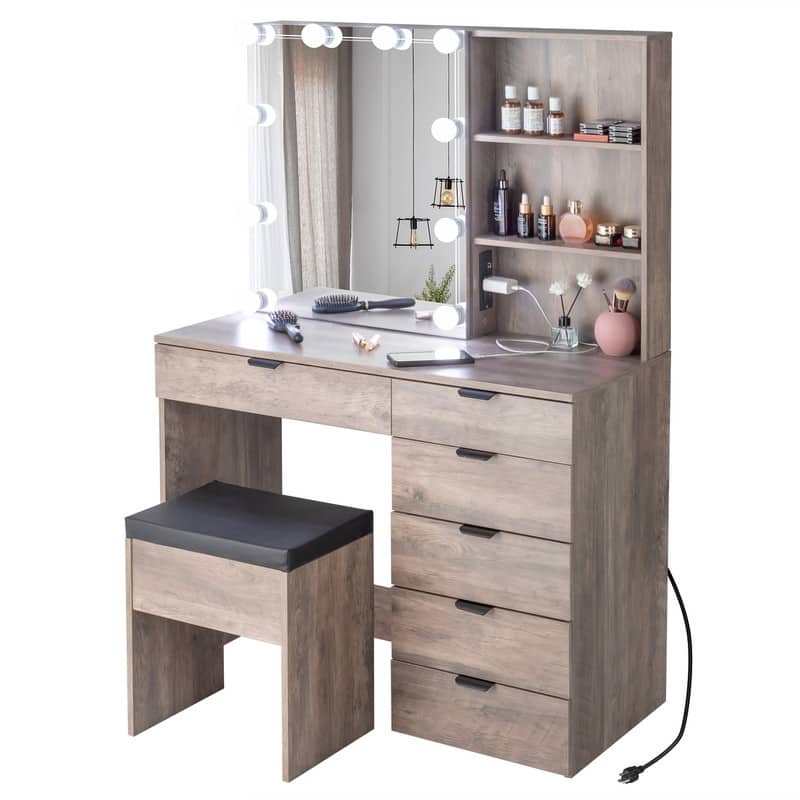 Mirror 6-Drawers Dressing Vanity Table with USB