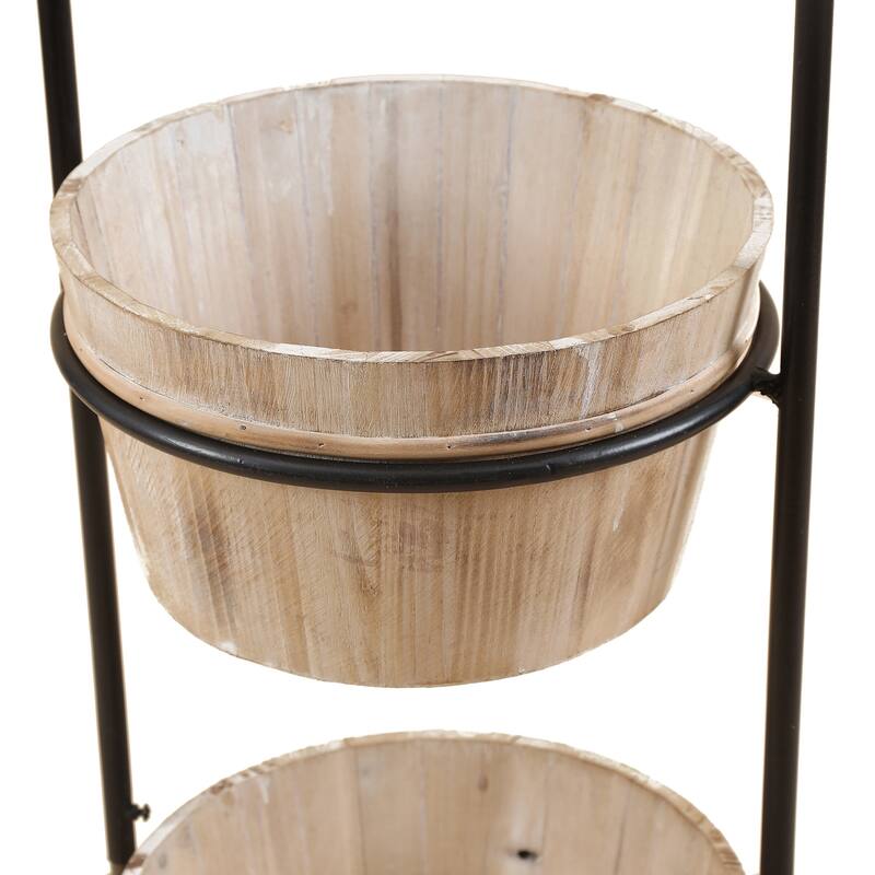 Brown Two-Tier Wood Planters with Black Metal Stand