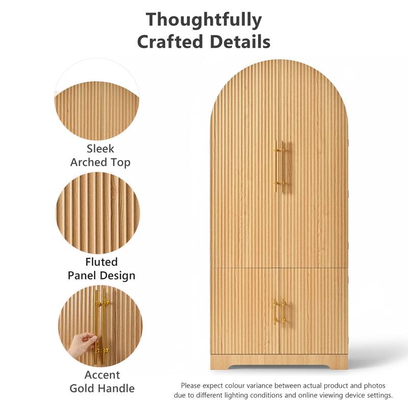 72" Tall Arched Pantry Cabinet with Fluted Doors, 8 Door Shelves, Hidden Drawer and Adjustable Shelves for Kitchen