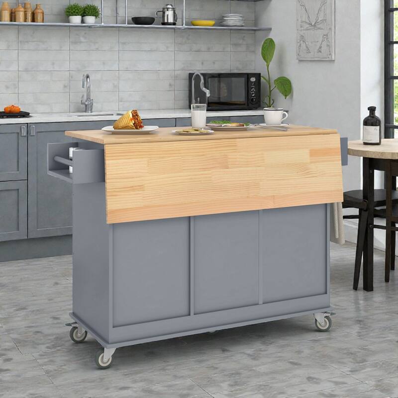 52.7" Rolling Kitchen Island with Solid Wood Top, Drop Leaf Breakfast Bar, Storage Cabinet, Wheels