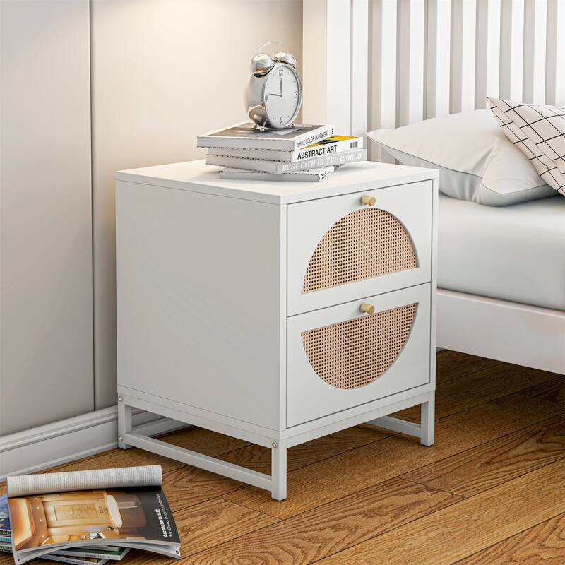 Modern White Wood 2-Drawer Storage Nightstand Bedside Table