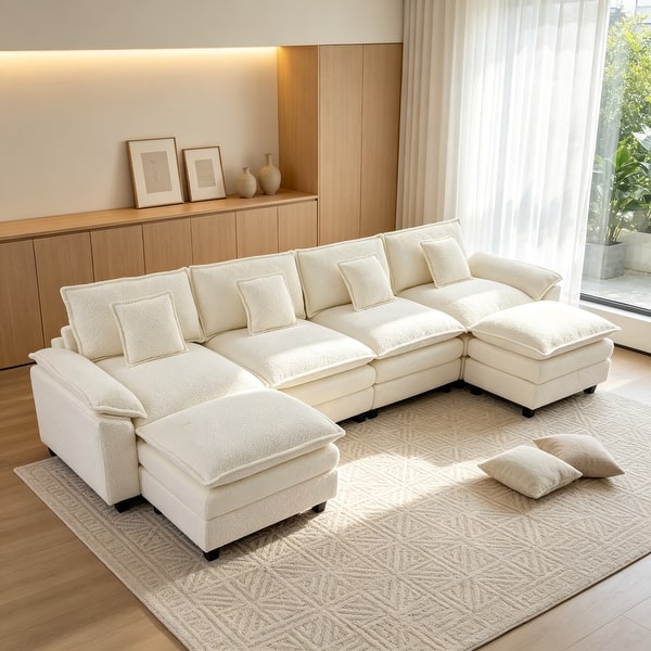 slide 2 of 111, Modular Cloud Chenille Sectional Sofa with Ottomans, Deep Seat Convertible L-Shaped or U-Shaped Couch White/4 Seats with 2 Ottomans - Symmetrical