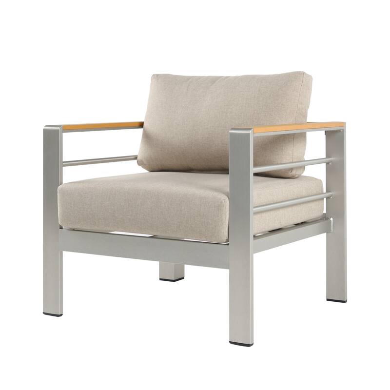Roomfitters Cora Outdoor Aluminum Club Chairs with Olefin Fabric Cushions, Silver and Beige