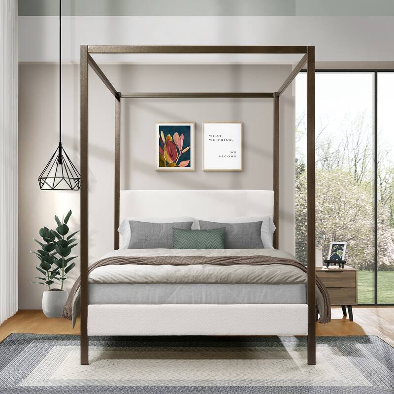 Metal Canopy Bed Frame with Upholstered Headboard & Copper 4 Poster/Wood Slats Support/No Box Spring Needed/Easy Assembly/White