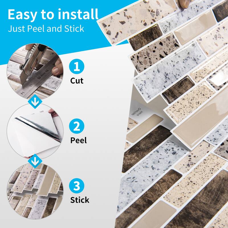 Art3d Peel and Stick Kitchen Backsplash Self-Adhesive Wall Tile in Stone Design,10-sheet