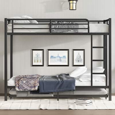 Twin XL over Twin XL Metal Bunk Bed Frame with Twin Size Trundle, Plastic Stoppers, Built-in Ladder and Full-Length Guardrails