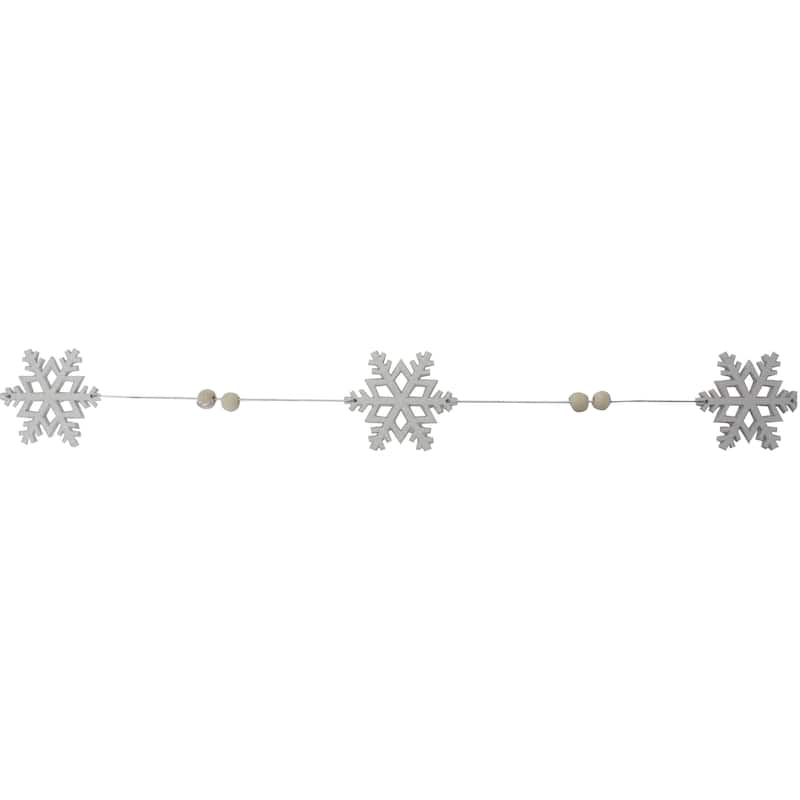 White Glitter Dusted Snowflake Christmas Garland with Wooden Beads - 5.25'