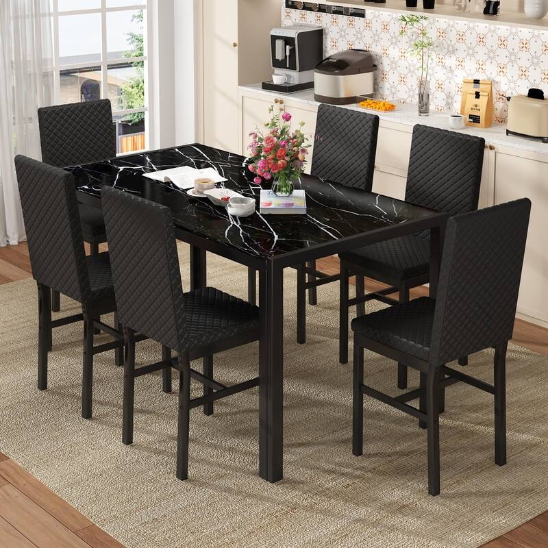Grondin 7-Piece Dining Room Table Set, Modern Contemporary Style Dinning Table Set with Tempered Glass Top and Upholstery Chairs