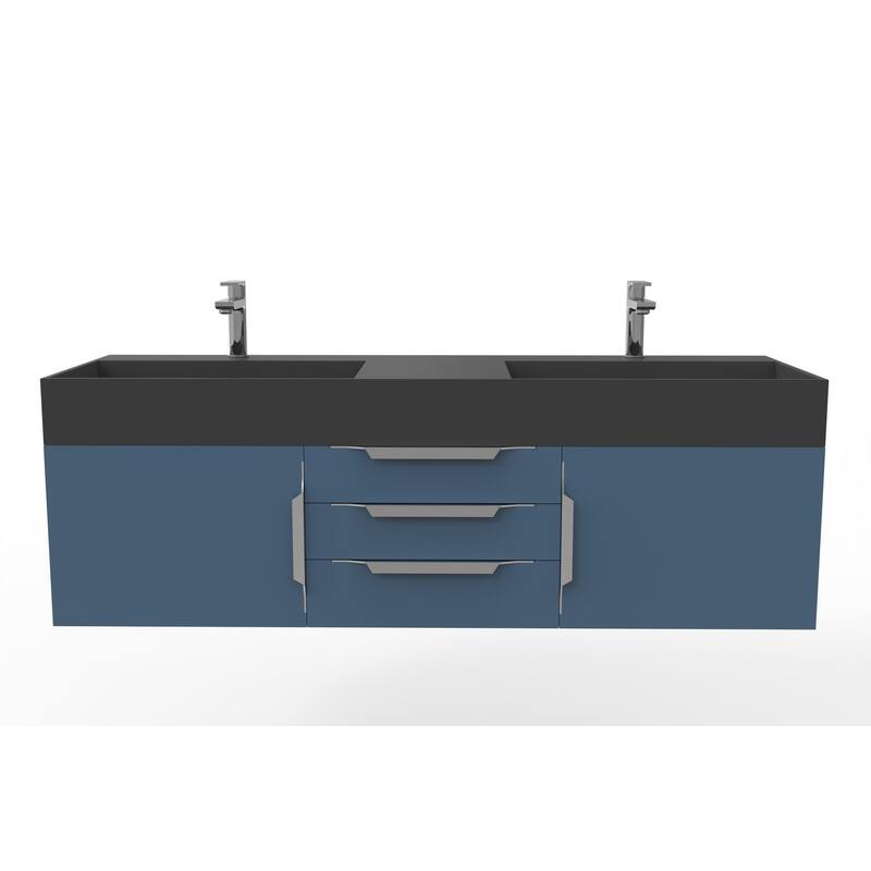 Amazon 60" Wall Mounted Bathroom Vanity Set w/ Black Top - Blue - Brushed Nickel Finish
