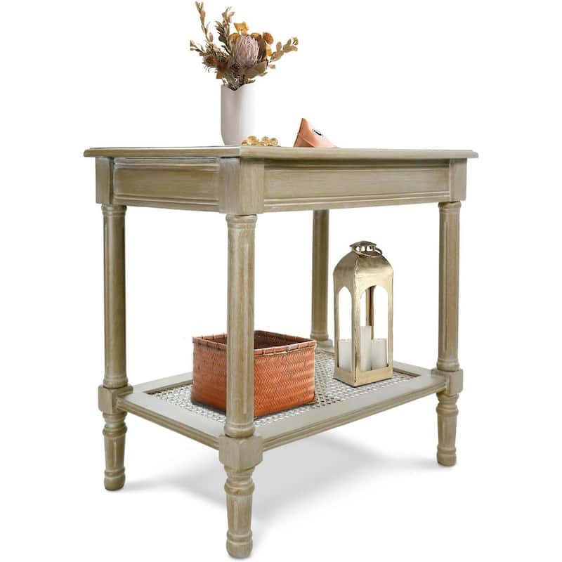 Copper Grove Reine Cream Side Table with Rattan Shelf