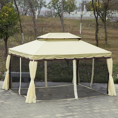 Outsunny 10' x 13' Metal Frame Outdoor Patio Gazebo with Beautiful Polyester Curtains and Air Venting Netted Screens