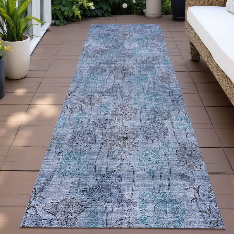 Machine Washable Indoor/Outdoor Modern Floral Chantille Rug - Blue - 2'3" x 7'6"