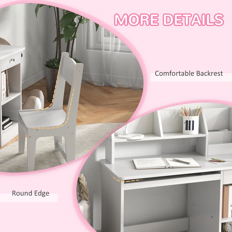 Qaba Kids Desk and Chair Set with Storage, Study Desk with Chair for Children 5-8 Years Old, White