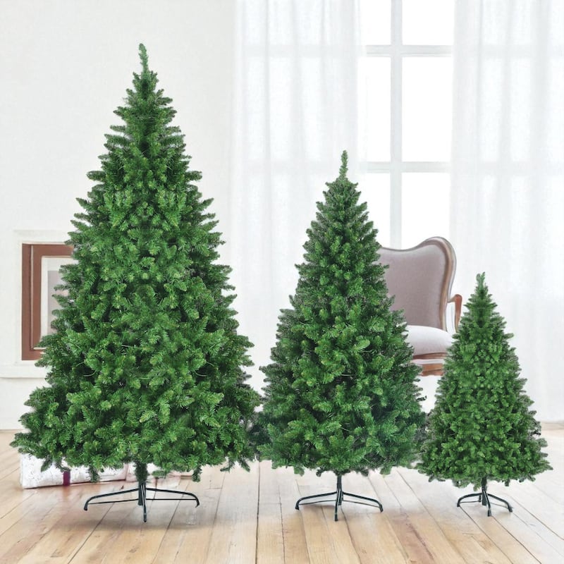 Set of 3 Pre-Lit Green Pine Christmas Trees 4ft 6ft 8ft, 820 LED Lights, Hinged PVC Holiday Decor - Green