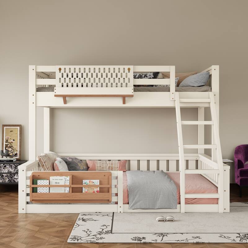 Roomfitters Bunk Bed with Bookshelf and Pegboard, Solid Wood Split Frame