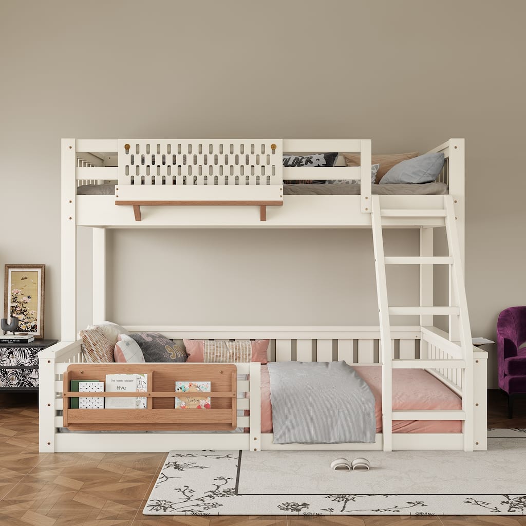Twin XL over Queen Bunk Bed with Ladder & Guardrails, Built-in Pegboard and Bookshelf, Space-Saving Bunk Bed Frame