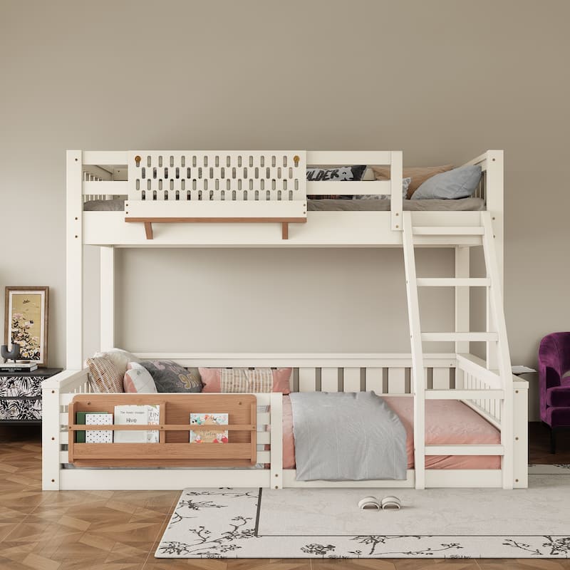 Wooden Bunk Bed of 3 Kinds Size with Pegboard, Bookshelf and Guardrails, Detachable Bunk Bed Convertible 2 Platform Beds - Beige - Twin XL