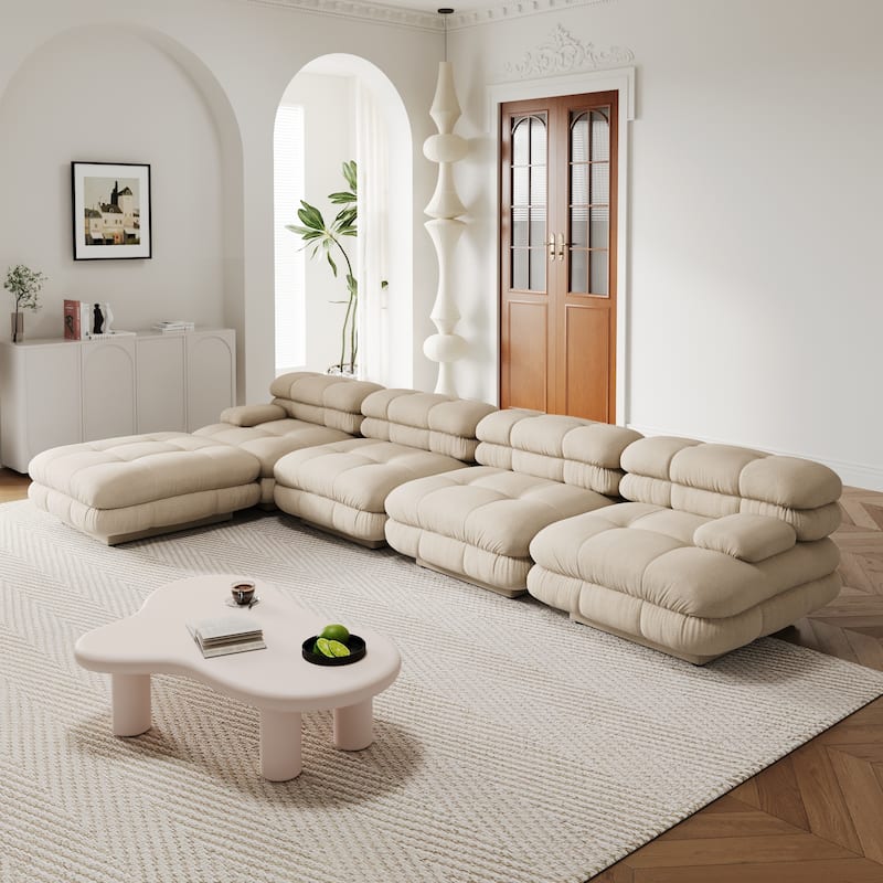 146'' L-shape Teddy Velvet Fabric 5-pieces Upholstered Sectional Sofa - Light Brown