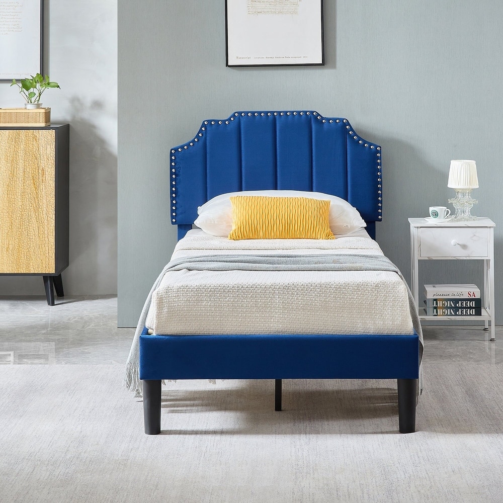 Javlergo Upholstered Platform Bed with Height Adjustable Nailhead Trimmed Curved Headboard Heavy Duty No Box Spring Needed Bed