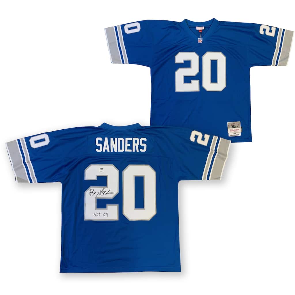 Barry Sanders Autographed Detroit Lions Signed Mitchell & Ness Football Jersey Hall of Fame HOF 2004 JSA COA - 8'6" x 11'6"