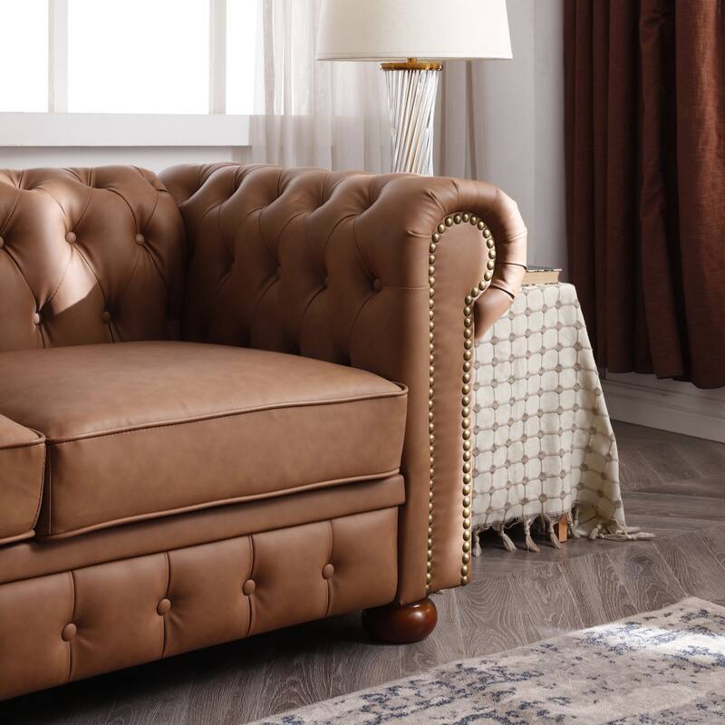 Chesterfield Sofa, 88.5" Upholstered Sofa Couch with Low Back, Roll Arm Nailhead Trim Classic 3 Seater Sofa for Living Room Home