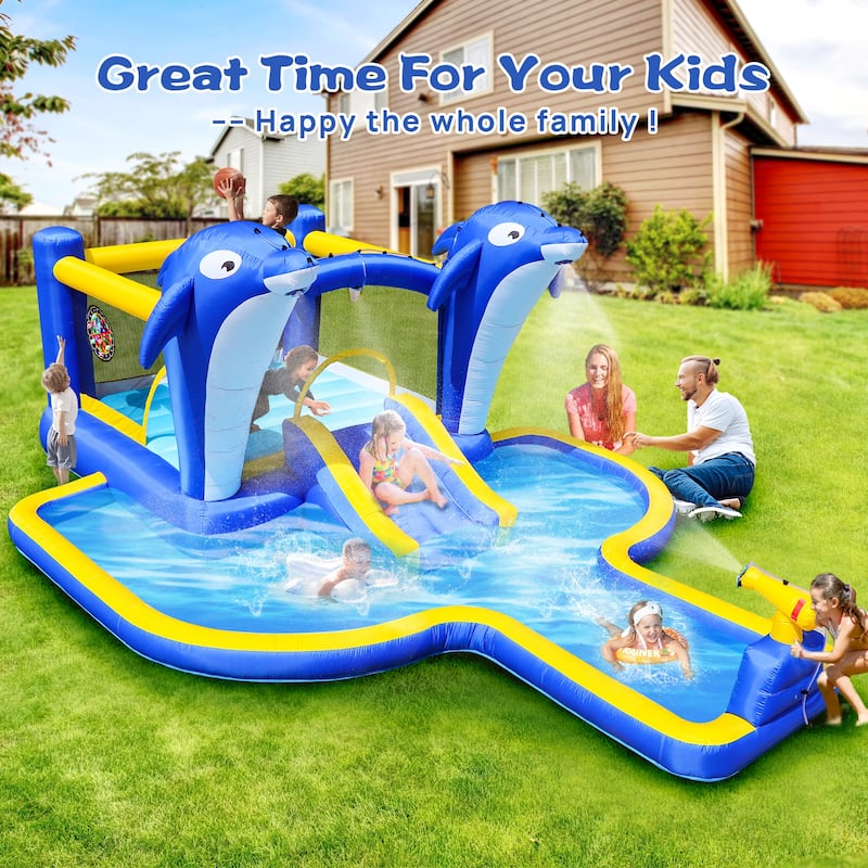 Inflatable Water Slide Bounce House，Outdoor 8 In 1 Play w/Target games & Water gun & Basketball