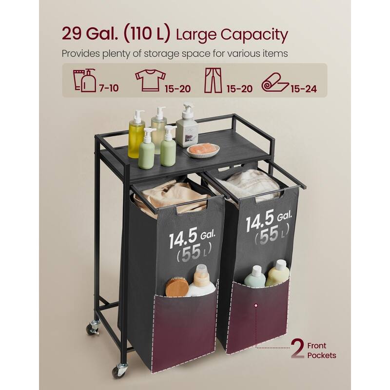 2-Compartment Laundry Hamper with Wheels and Top Organizer Shelf Removable Bags for Clothes and Towels