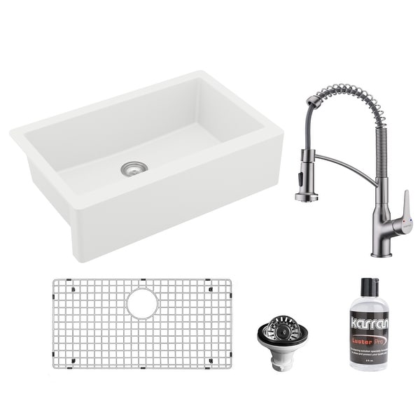 Karran All-in-One Apron Front/Farmhouse Quartz 34-in Single Bowl Kitchen Sink in White with Faucet KKF210 in Stainless Steel. Opens flyout.